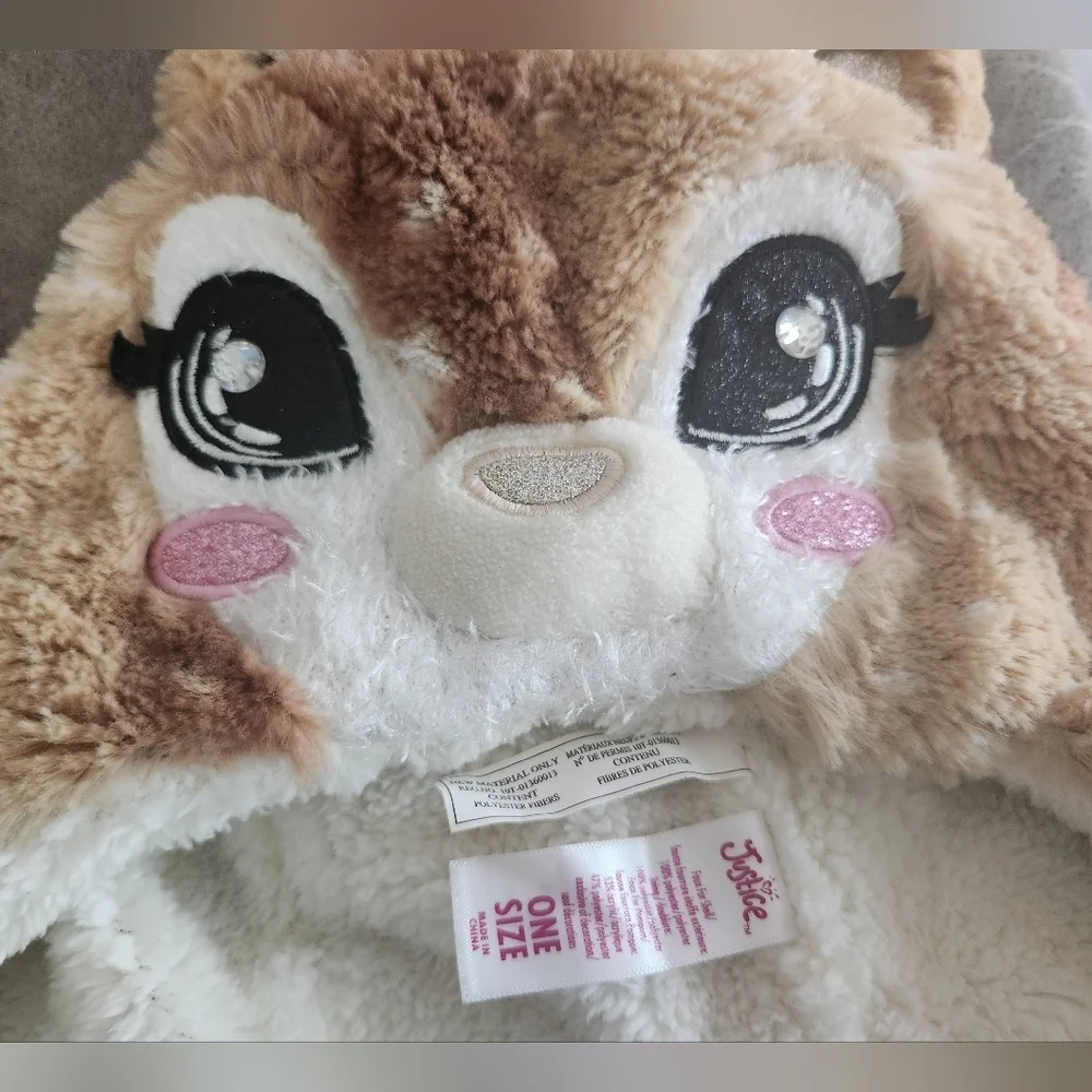 Two Animal Beanies‎ Pom Poms Plush Wolf Reindeer Sparkle Glitter Winter Snow